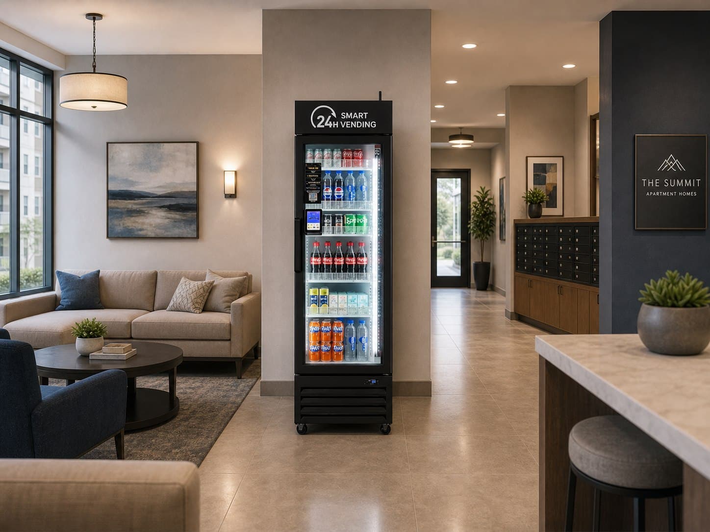 Smart vending machine in an apartment community lounge